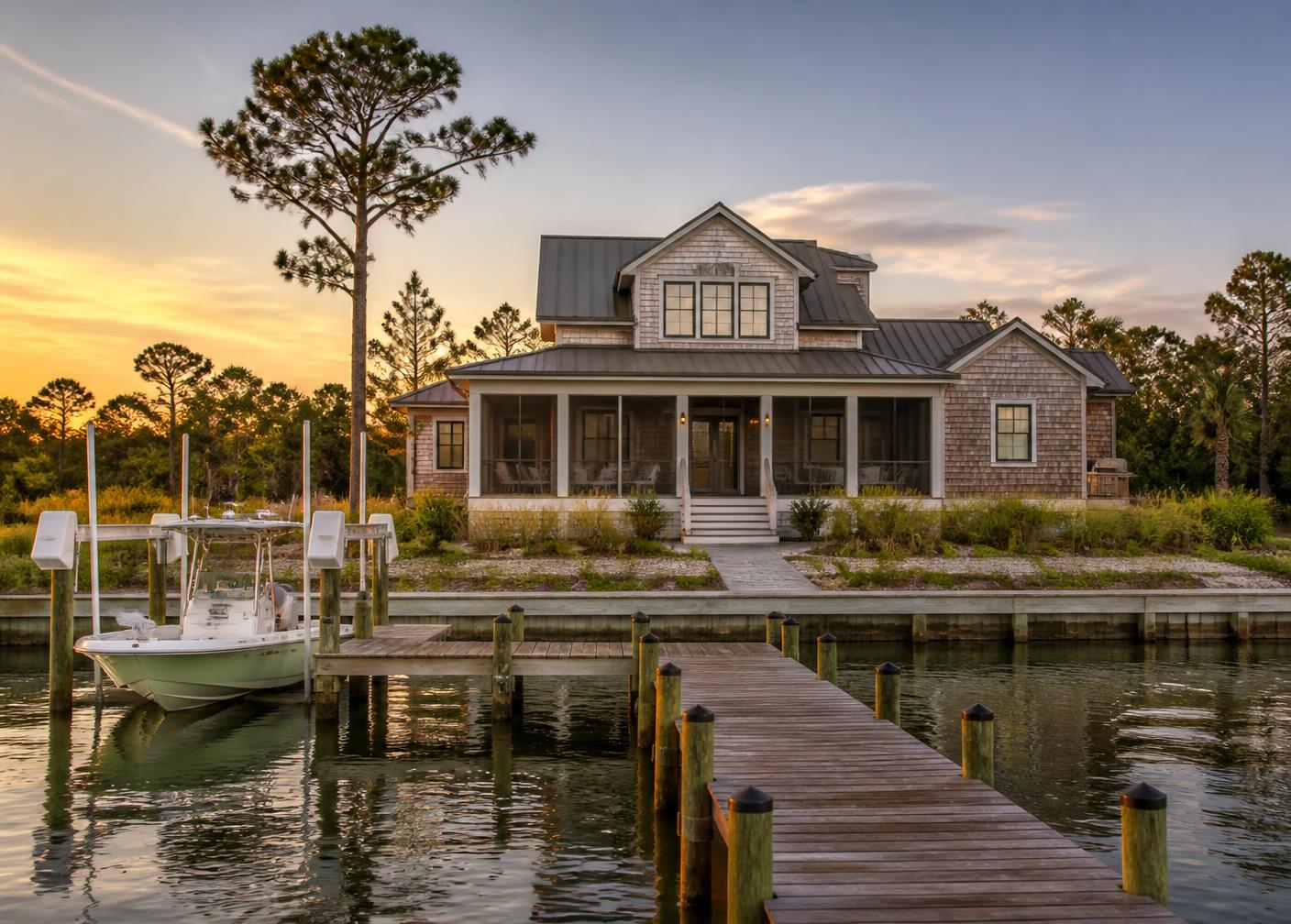 Coastal Carolina waterfront home with a screened porch, dock and boat lift at sunset